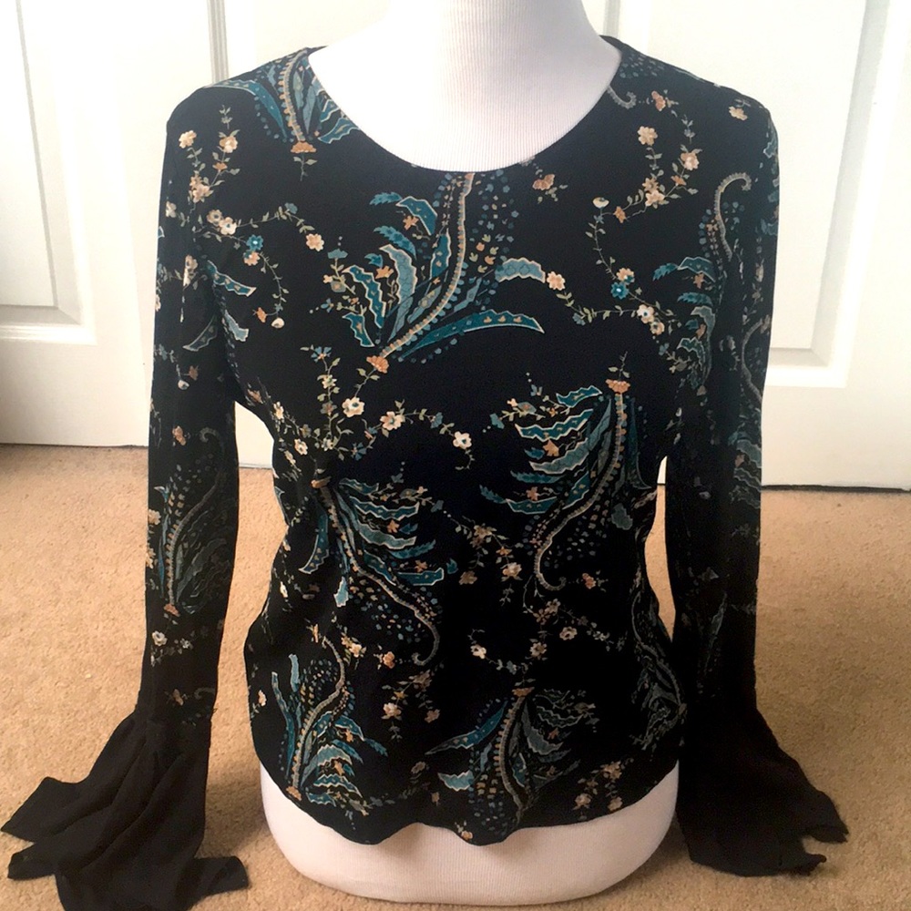 Beautiful Inc Black Floral Print Blouse Flared Sleeve